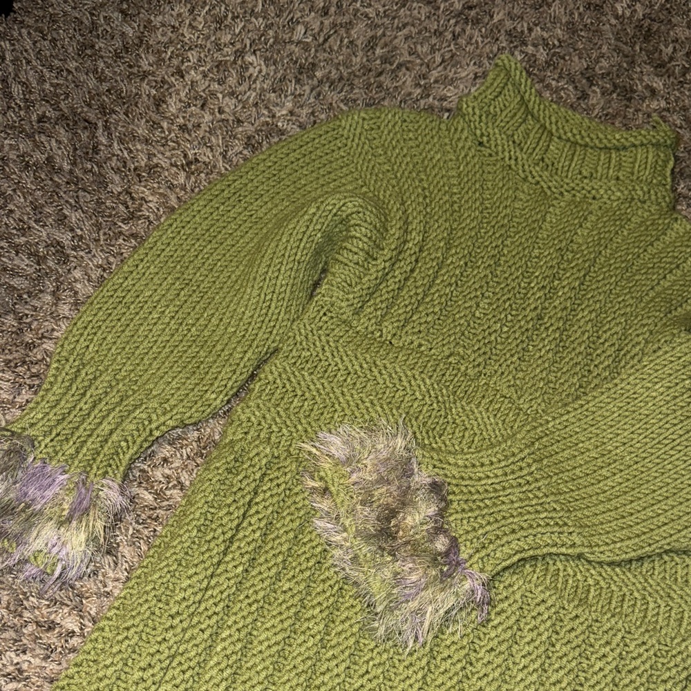 Green Turtleneck Sweater with Faux Fur Cuffs